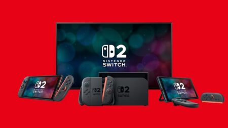 Un Nintendo Switch 2 con lo sfondo rosso