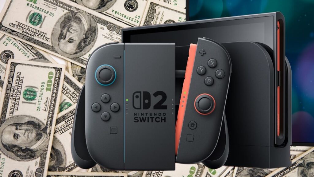 Un Nintendo Switch 2 con dei soldi sullo sfondo