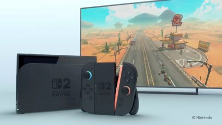 Un Nintendo Switch 2 con dietro una TV