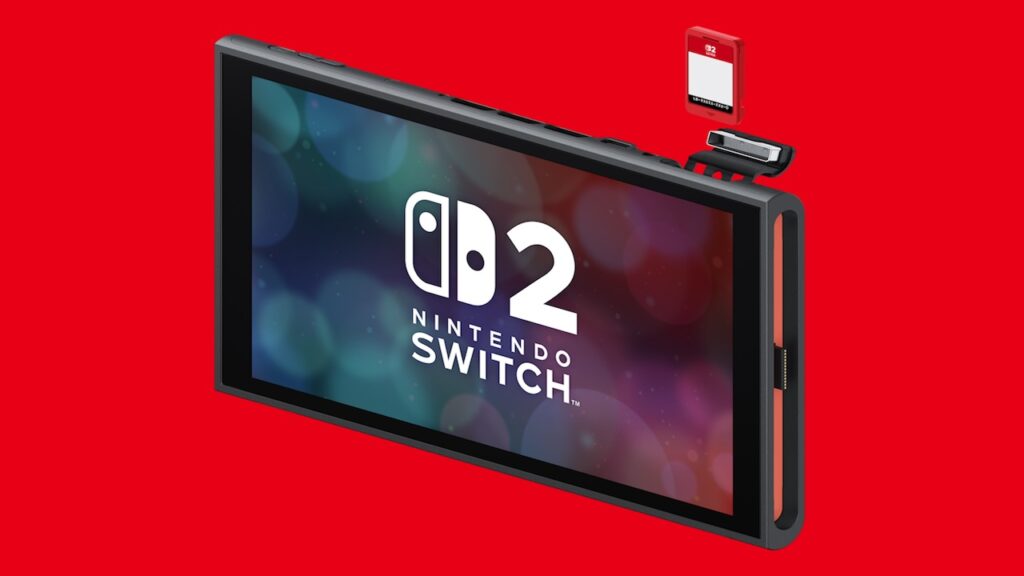 Un Nintendo Switch 2 con lo sfondo rosso