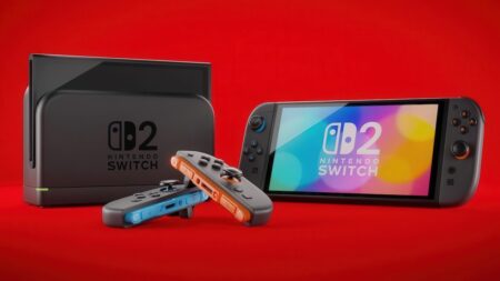 Un Nintendo Switch 2 con sfondo rosso