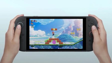 Un Nintendo Switch 2 con dentro lo schermo Super Mario