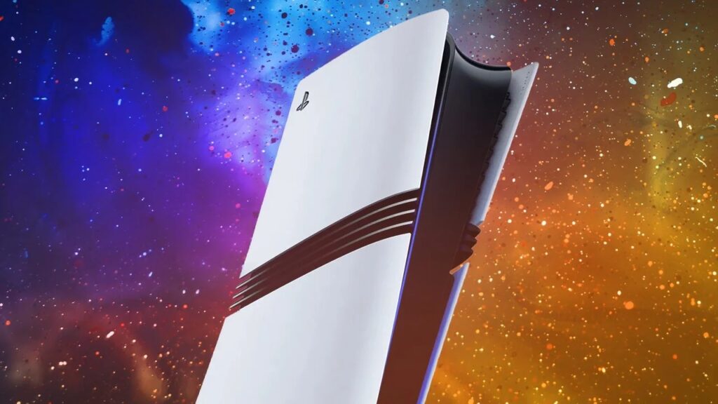 Una PS5 Pro con uno sfondo colorato