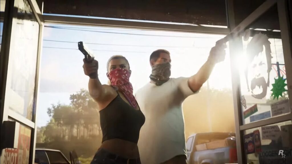 Lucia e Jason di GTA 6 mentre impugnano delle pistole