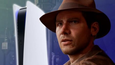 Indy di Indiana Jones e l'Antico Cerchio con al fianco una PS5