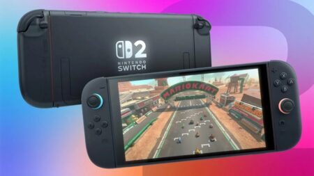 Un Nintendo Switch 2 con Mario Kart World nello schermo
