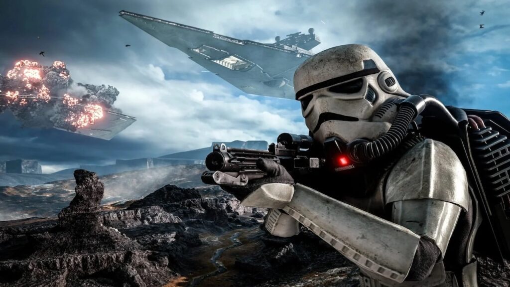 Uno Stormtrooper di Star Wars sul campo di battaglia