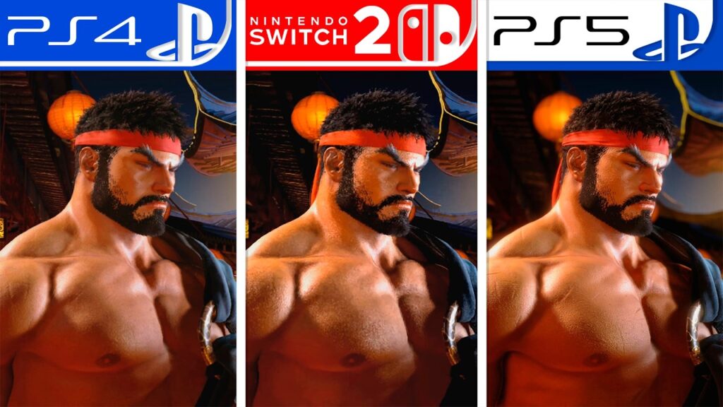 Un personaggio di Street Fighter 6 con i loghi di Nintendo Switch 2 e PS4 e PS5