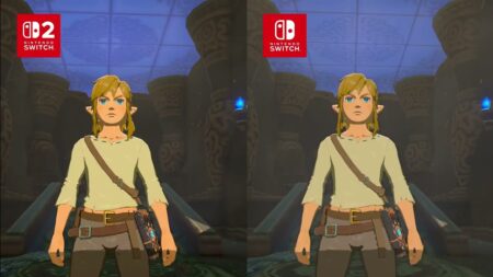 Link di The Legend of Zelda: Breath of the Wild con I loghi di Nintendo Switch 2 e Nintendo Switch