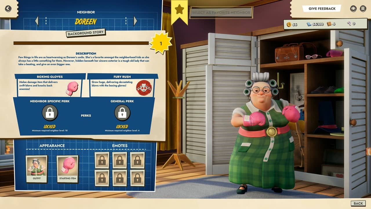 Schermata di anteprima delle abilità di Doreen, ex pugile anziana in Neighbors: Suburban Warfare.