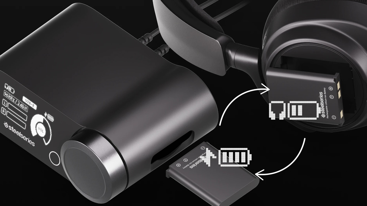 Render dello scambio delle batterie tra GameDAC di Steelseries Arctis Nova Pro Wireless e le cuffie.