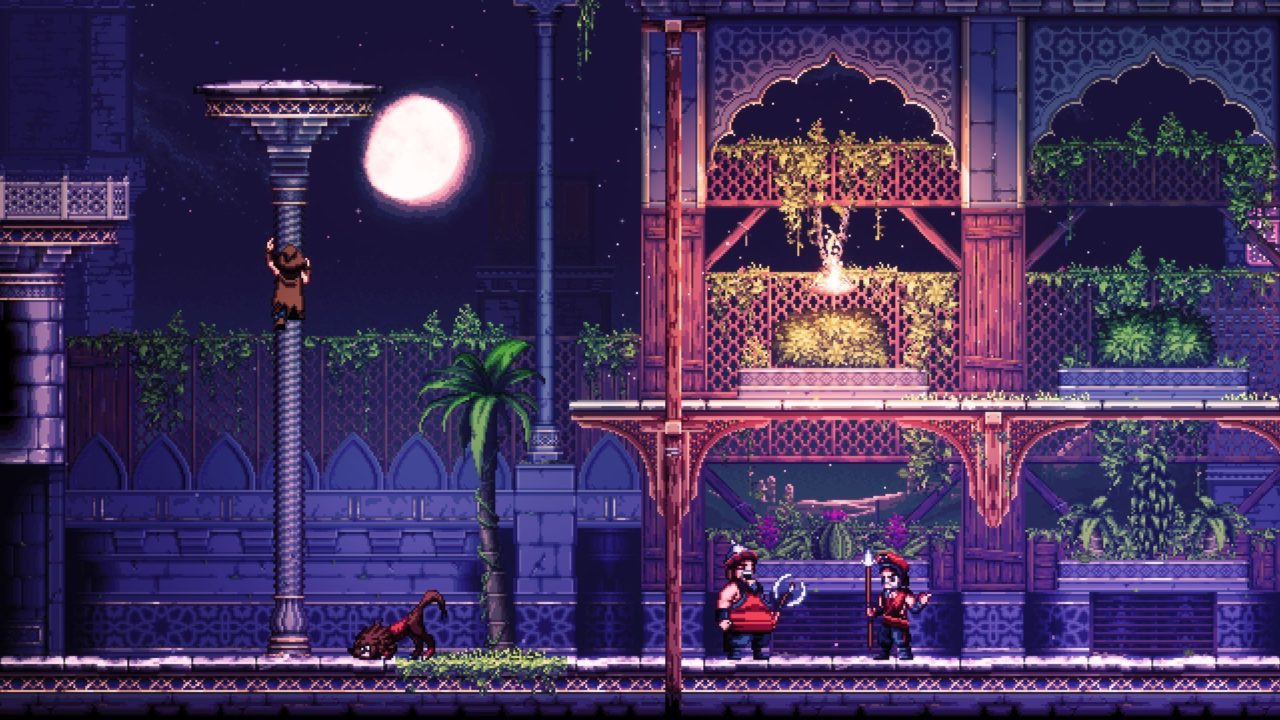 The Siege and the Sandfox - ragazzo su un palo con la luna nel cielo e due guardie e un animale a terra