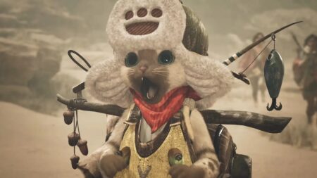 Un Palico di Monster Hunter Wilds con fare sorpreso