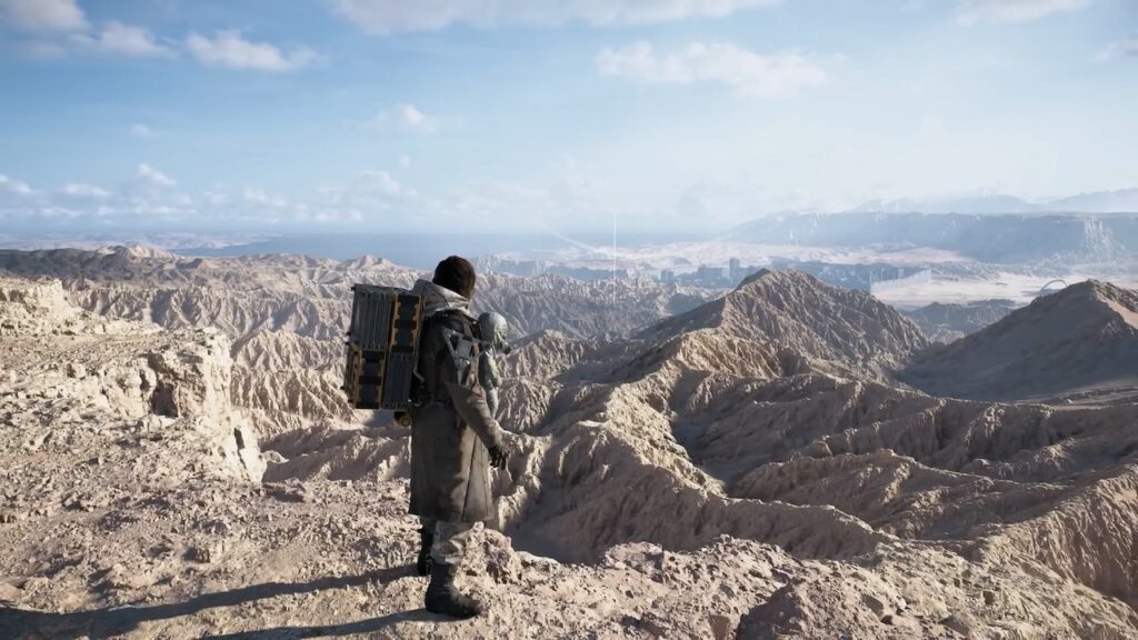 Sam Porter Bridges di Death Stranding 2: On The Beach su delle colline