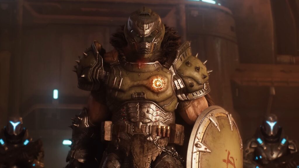 Il DOOM Slayer di DOOM: The Dark Ages con lo scudo in mano