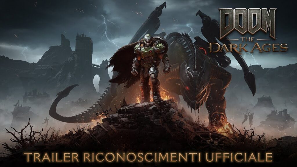 I personaggi di DOOM: The Dark Ages con il logo del trailer con i riconoscimenti della stampa