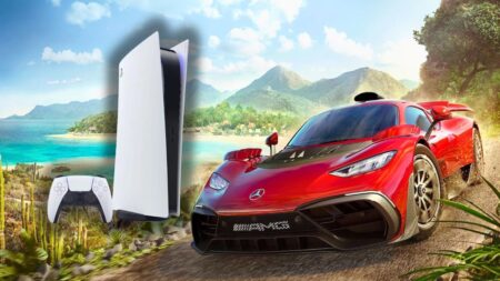 Una PS5 con al fianco un'auto di Forza Horizon 5