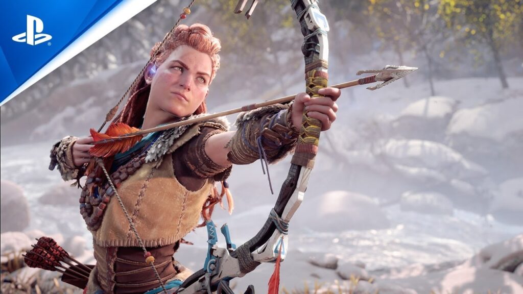 Aloy di Horizon Forbidden West mentre impugna un arco
