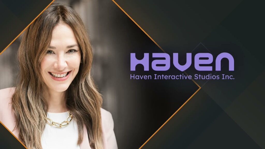 Jade Raymond con al fianco il logo di Haven Studios
