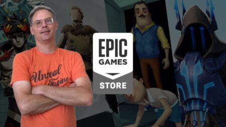 Tim Sweeney con il logo dell'Epic Games Store