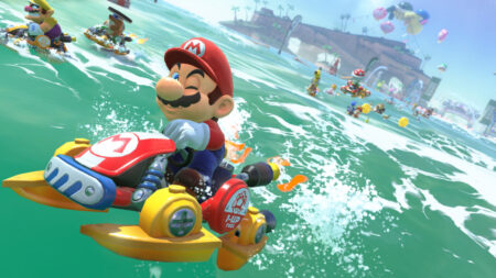 Super Mario su un kart di Mario Kart World