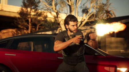 Il protagonista di MindsEye mentre spara con un'auto dietro