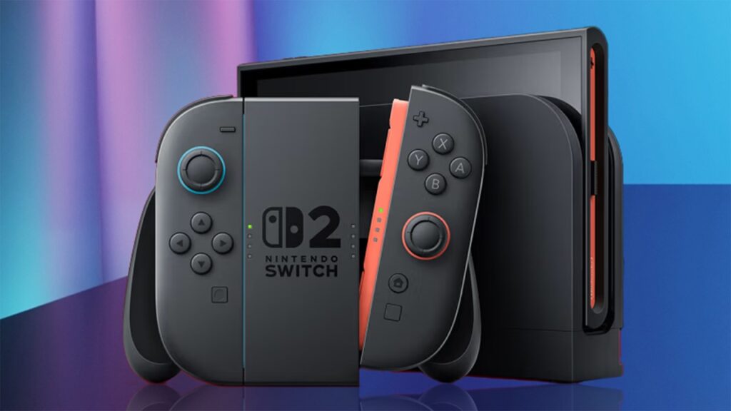 Un Nintendo Switch 2 con sfondo blu