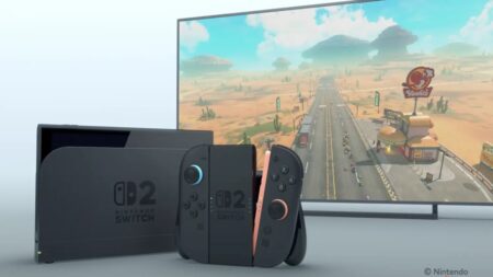 Nintendo Switch 2 con dietro un TV con Mario Kart World