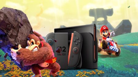 I personaggi di Donkey Kong Bananza e Mario Kart World con al centro un Nintendo Switch 2