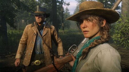 Arthur Morgan in compagnia di una donna di Red Dead Redemption 2