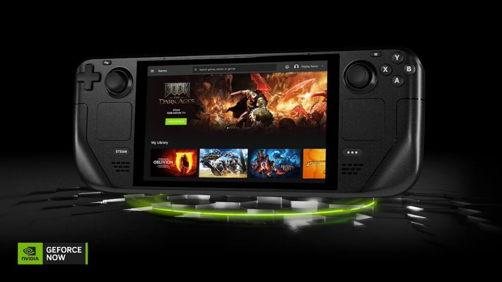 Una Steam Deck con il logo di NVIDIA GeForce NOW