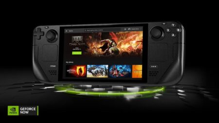 Una Steam Deck con il logo di NVIDIA GeForce NOW