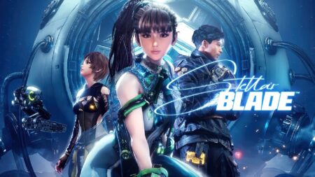 Eve e gli altri personaggi di Stellar Blade con il logo in risalto