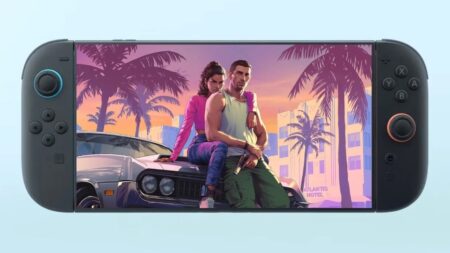 Un Nintendo Switch 2 con i personaggi di GTA 6 nello schermo