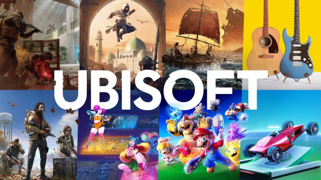 Il logo di Ubisoft con alcuni giochi