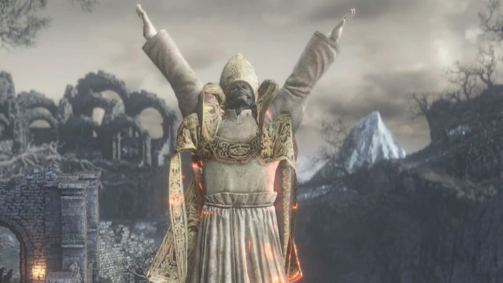 Un giocatore di Dark Souls 3 vestito da Papa