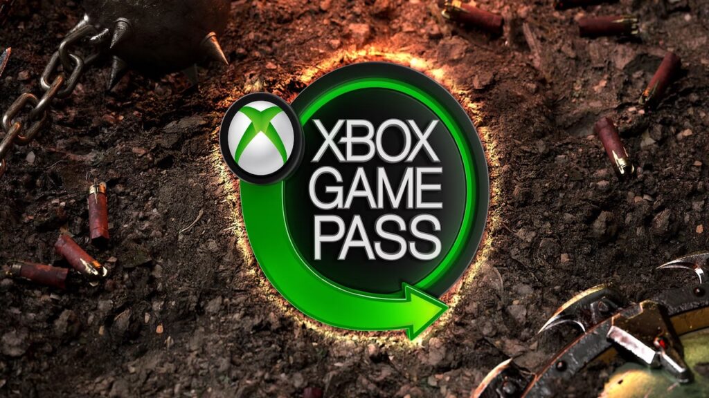Il logo di Xbox Game Pass con il terreno e lo scudo di DOOM: The Dark Ages