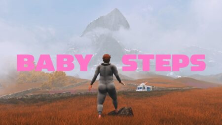 Key art di Baby Steps, con uomo in piedi che guarda verso una montagna