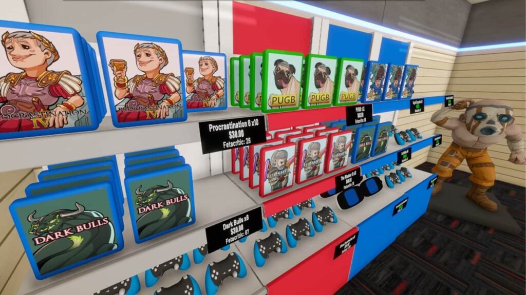 Scaffali di Gamestonk Simulator colmi di giochi con copertine parodia di videogiochi veri