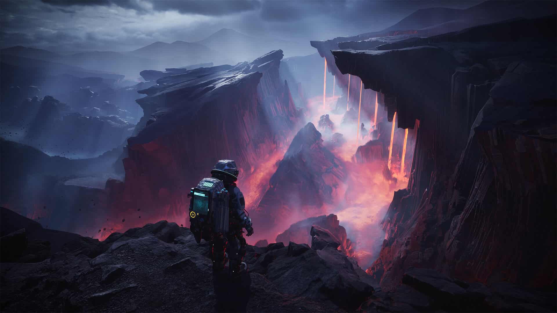Paesaggio di un pianeta alieno con lava che cola da precipizi