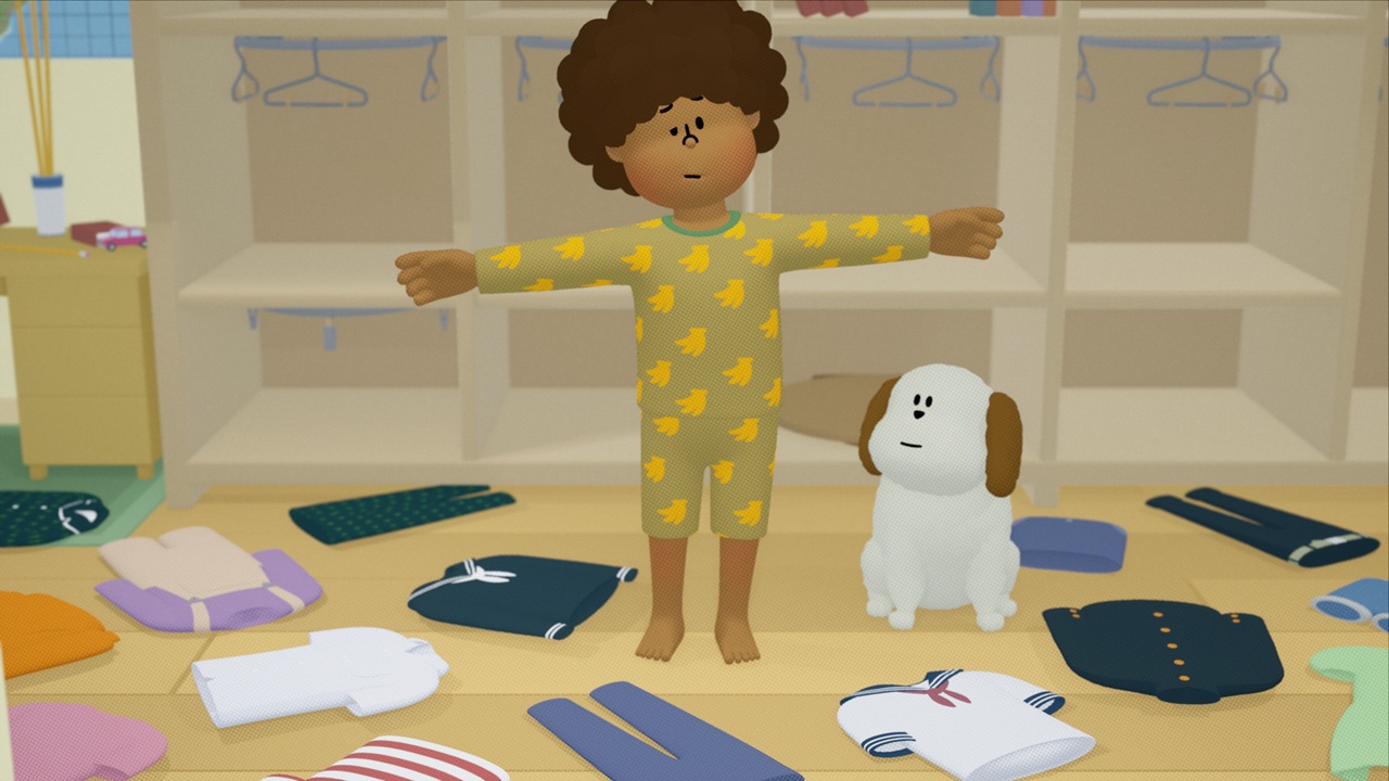 Ragazzino in T-Pose che cerca di vestirsi. Ha un pigiama con banane disegnate e un cane accanto a lui.