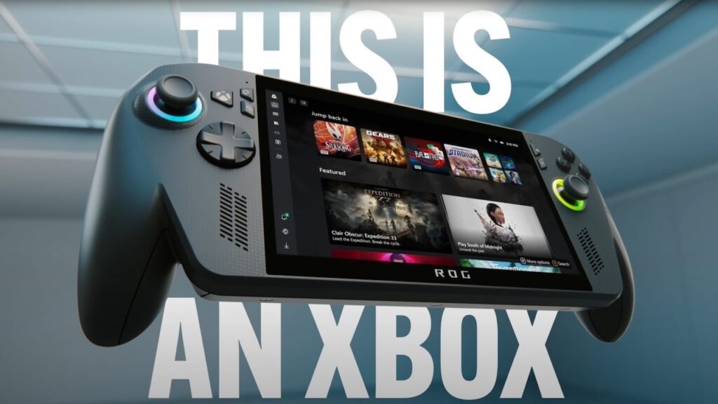 La scritta This is an Xbox con una ROG Xbox Ally in riasalto
