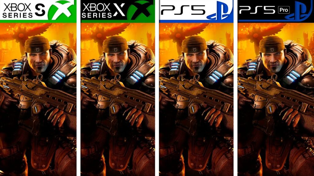 Marcus Fenix di Gears of War: Reloaded con I loghi Xbox Series X|S e PS5 e PS5 Pro