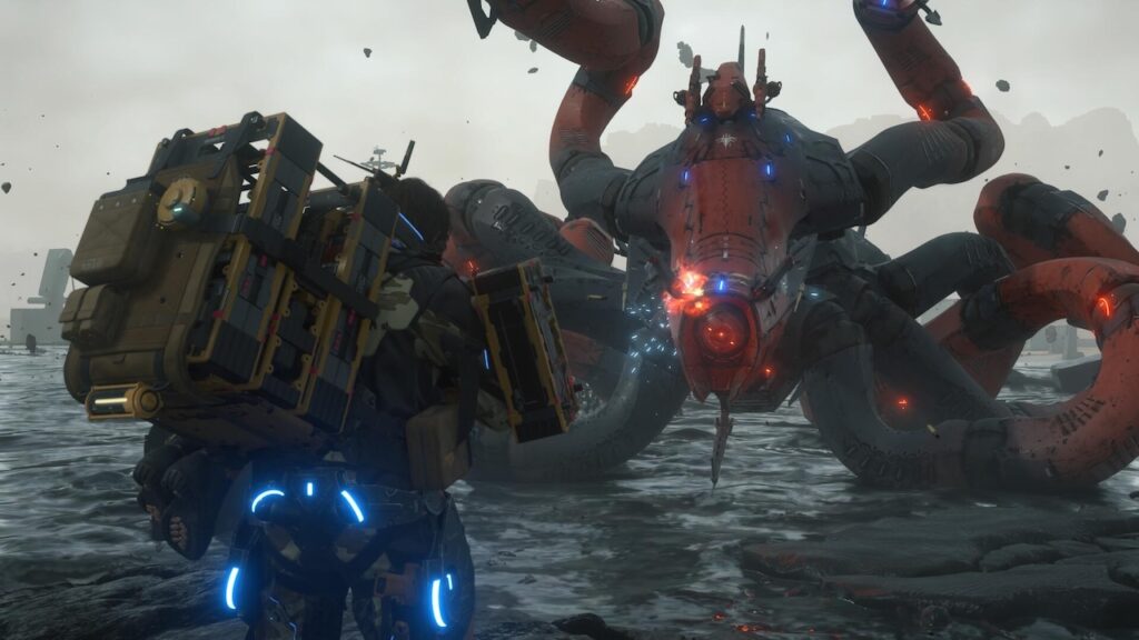 Sam Porter Bridges mentre spara ad un nemico di Death Stranding 2: On The Beach