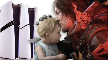 Sam Porter Bridges con Lou in braccio di Death Stranding 2: On The Beach