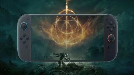 Un Nintendo Switch 2 con dentro il Senzaluce di Elden Ring