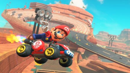 Mario mentre salta con il suo kart in Mario Kart World