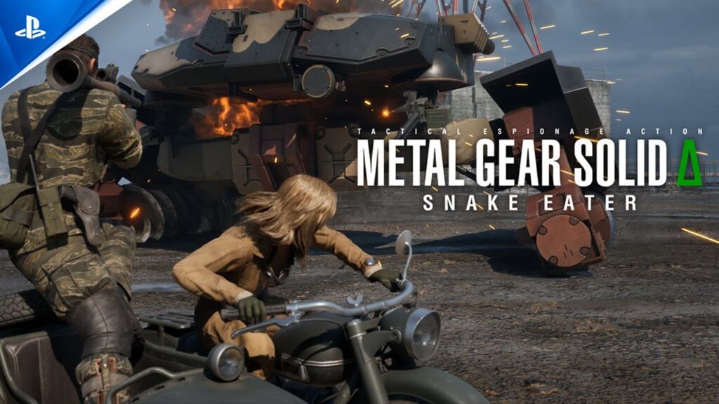 Big Boss ed Eva sulla moto con il logo di Metal Gear Solid Delta: Snake Eater
