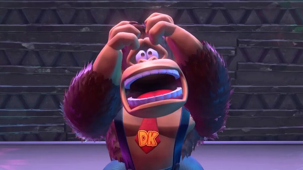 Donkey Kong di Donkey Kong Bananza che urla terrorizzato