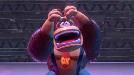 Donkey Kong di Donkey Kong Bananza che urla terrorizzato